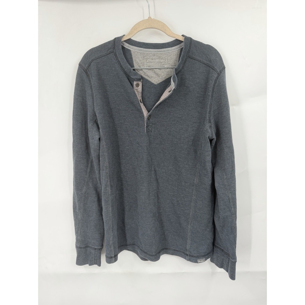 Eddie Bauer Men's Medium Waffle Knit Henley Shirt Long Sleeve Charcoal Gray Gorp